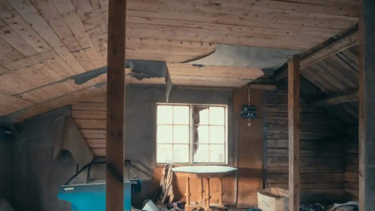 Attic mold removal project showing structural attic damage and exposed wooden framing