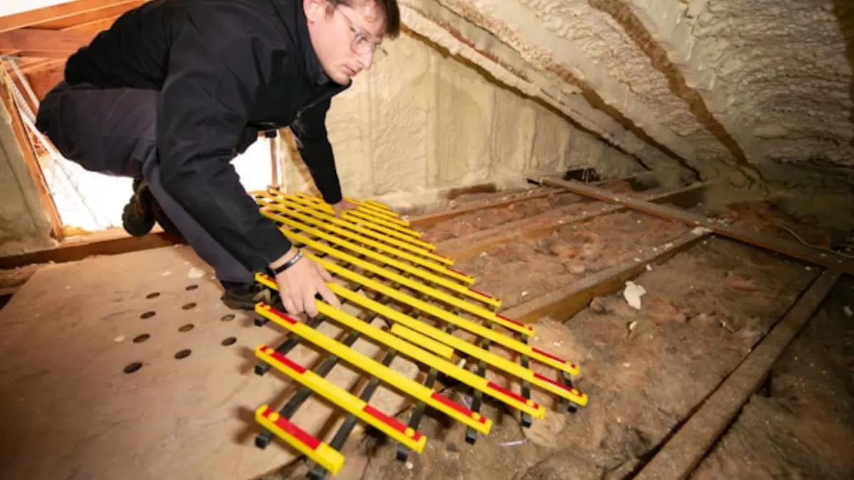 Attic mold removal safety inspection with homeowner working inside attic space