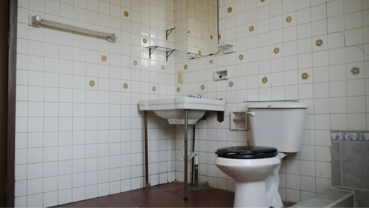 bathroom mold removal — old bathroom with dark discolored grout lines and moisture-damaged tile surfaces