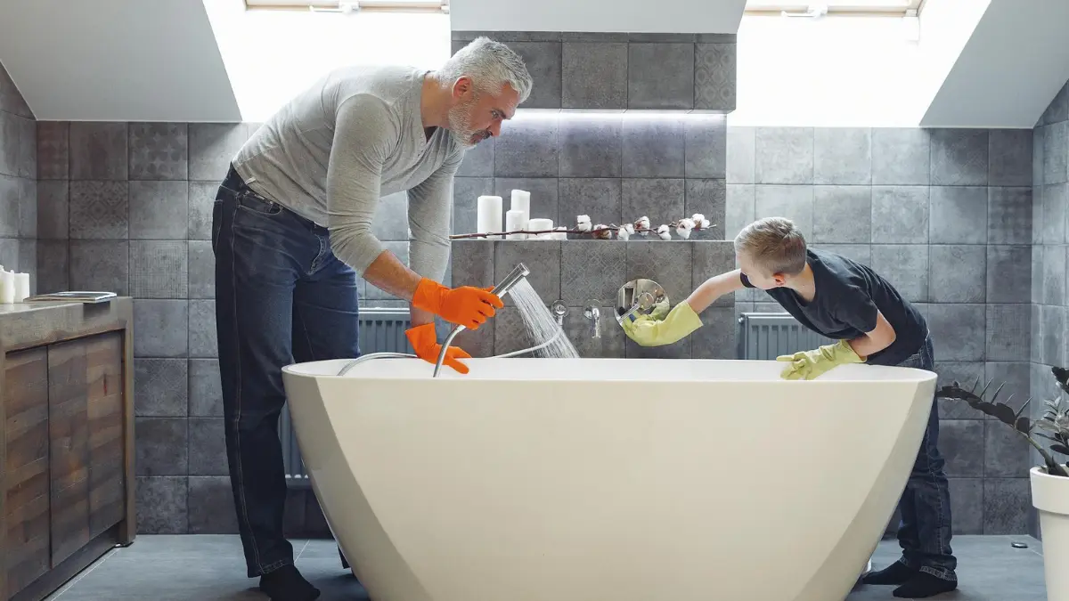 bathroom mold removal — person wearing rubber gloves scrubbing bathroom surfaces to remove mold from tile and grout