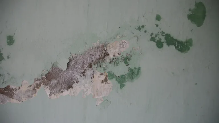 Landlord mold responsibility: widespread green mold spreading across a rental apartment wall with peeling paint