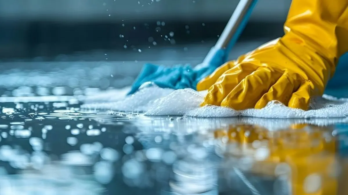 Person in protective gear cleaning Mold on Concrete during the removal and remediation process.
