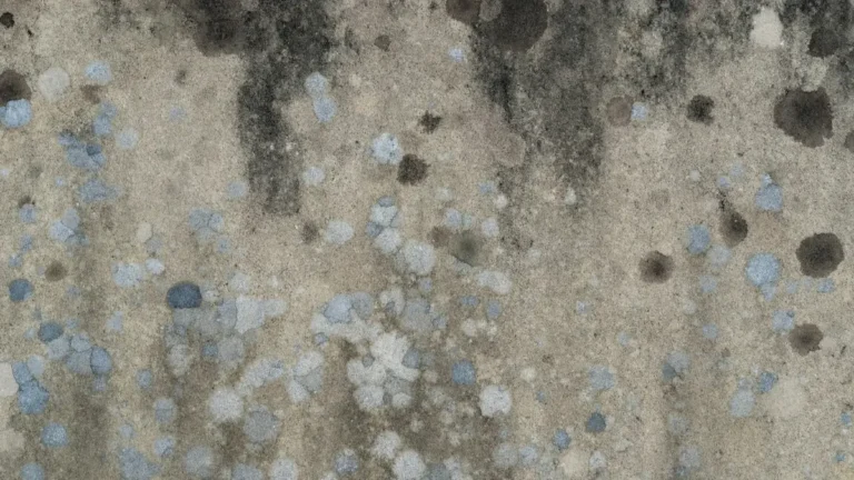 Close-up of Mold on Concrete showing tiny black spore dots spread across a porous basement floor surface.