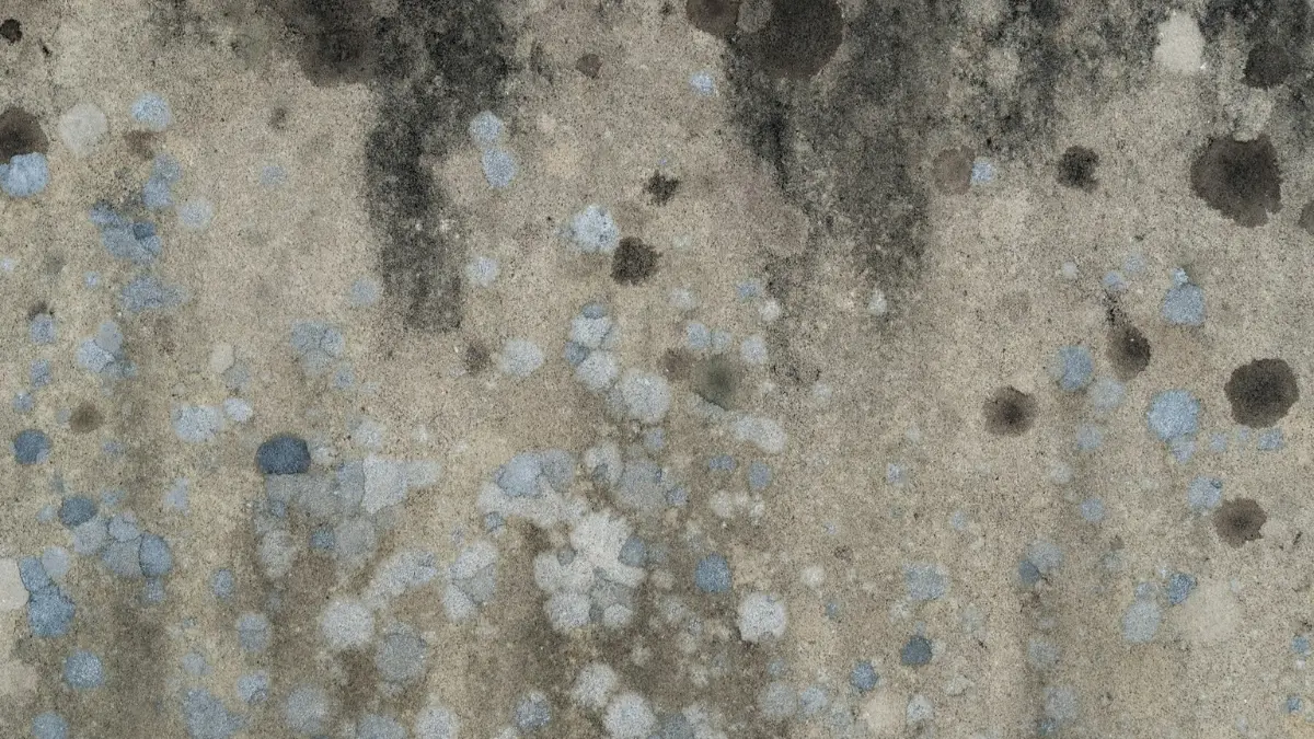 Close-up of Mold on Concrete showing tiny black spore dots spread across a porous basement floor surface.