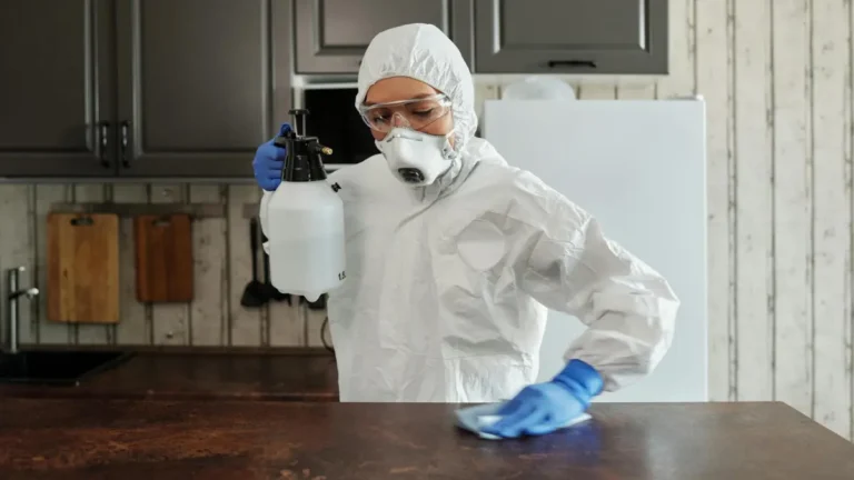 A mold remediation company technician in a full white protective suit and mask spraying disinfectant indoors
