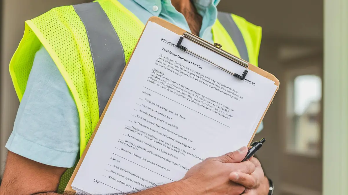Home inspector in yellow safety vest reviewing a checklist — professional assessment is the first step that determines mold remediation cost for US homeowners