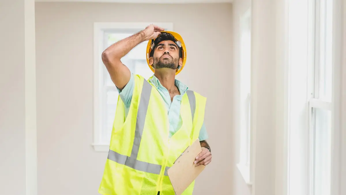 IICRC-certified professional inspector in safety vest and hard hat examining a residential home interior as part of the mold remediation cost and process assessment