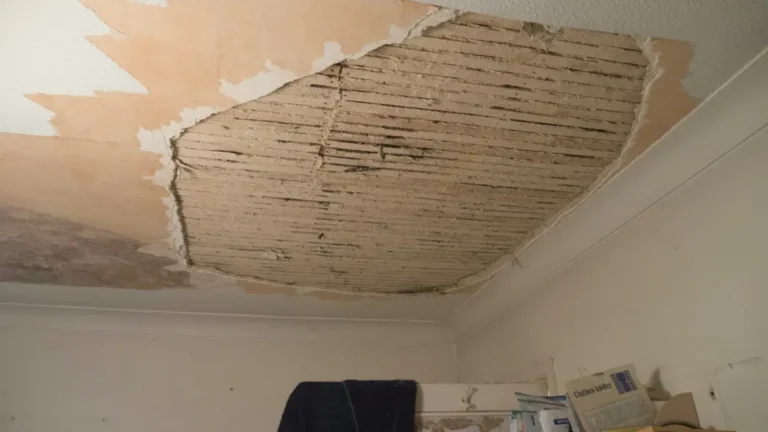 Water-damaged ceiling with peeling paint and exposed wooden lath in a furnished rental room, a common habitability issue covered by tenant rights.
