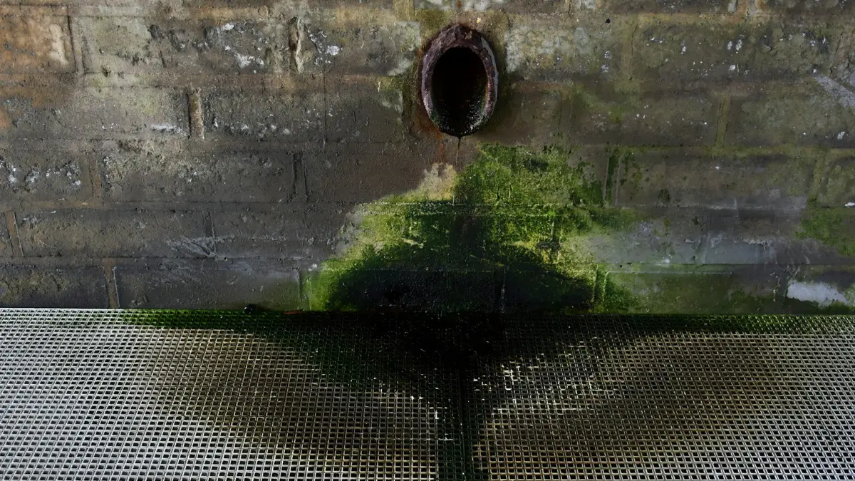 Rusty pipe leaking water onto a mossy brick wall, showing the structural moisture source that determines landlord liability under tenant rights law.