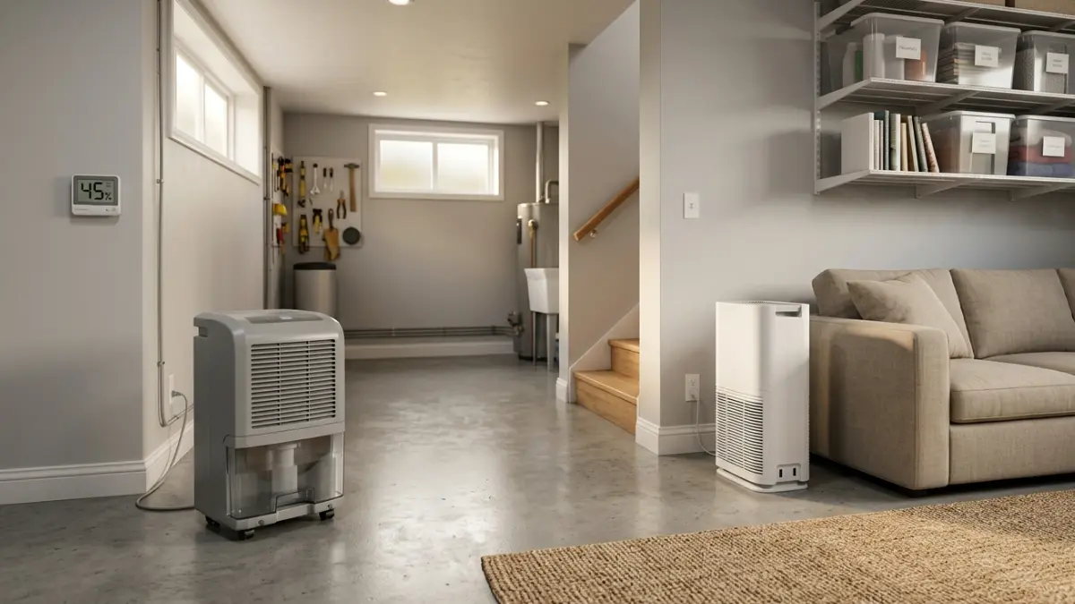 Air Purifier and dehumidifier working together in a basement to help control mold conditions