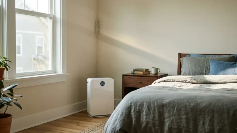 Air Purifier operating in a bedroom with visible mold near a window to help reduce airborne mold spores