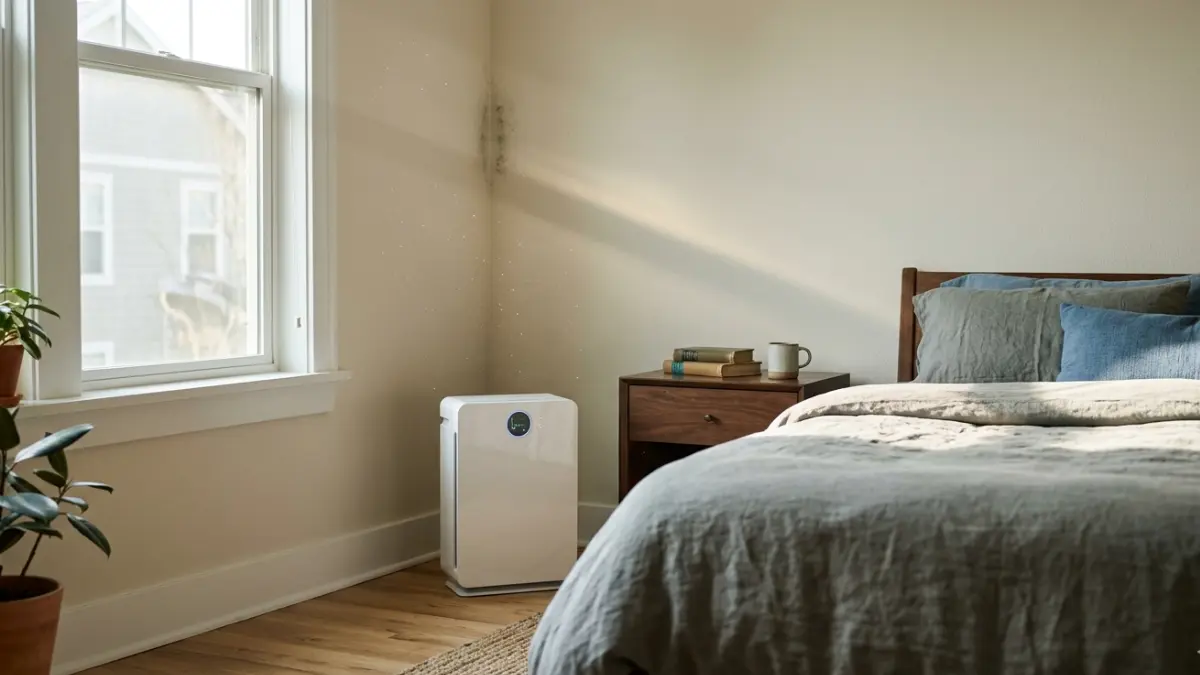 Air Purifier operating in a bedroom with visible mold near a window to help reduce airborne mold spores
