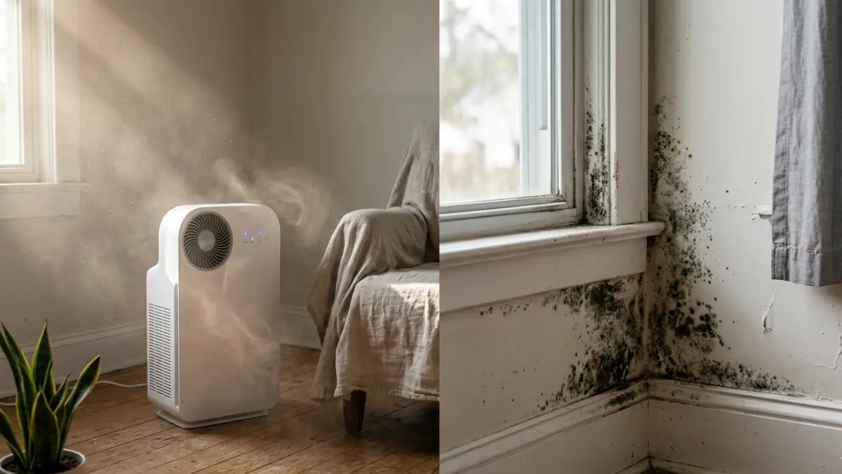 Air Purifier reducing airborne mold spores while surface mold remains on drywall and window trim