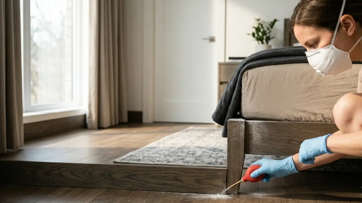 Diatomaceous earth being applied in a thin layer along bed frame and baseboard cracks