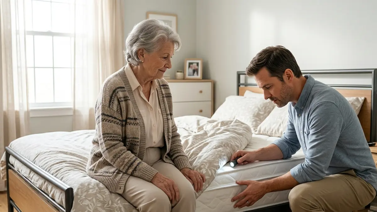 Are Bed Bugs Dangerous? Elderly person and caregiver inspecting bedding for bed bugs