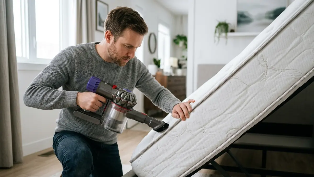 Are Bed Bugs Dangerous? Homeowner inspecting and vacuuming mattress to remove bed bugs