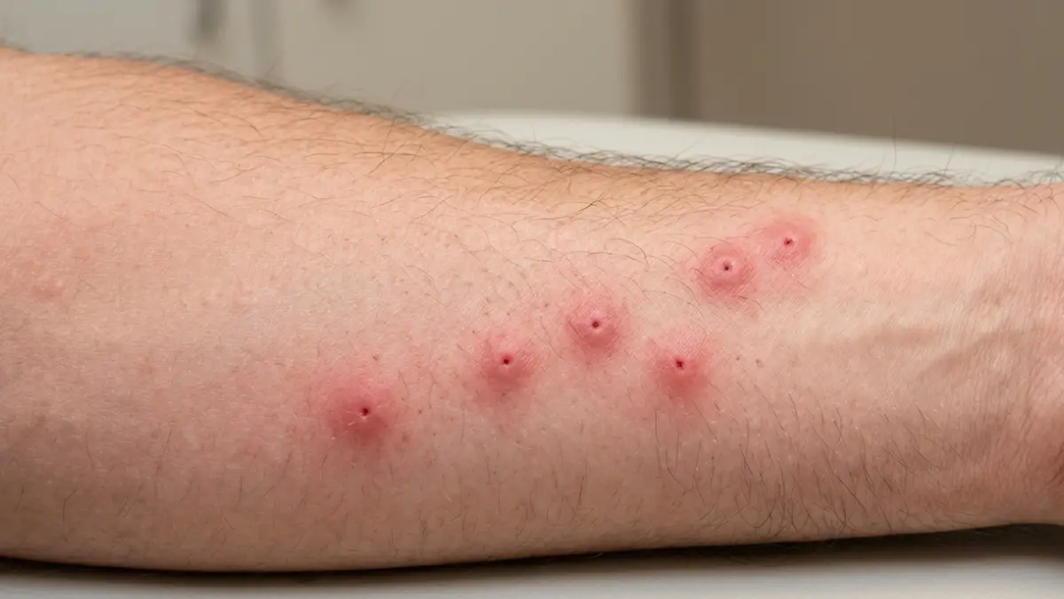 Are Bed Bugs Dangerous? Close-up of typical bed bug bites in a line on human skin