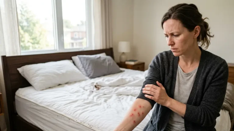 Are Bed Bugs Dangerous? Worried homeowner checking itchy bed bug bites on arm in bedroom