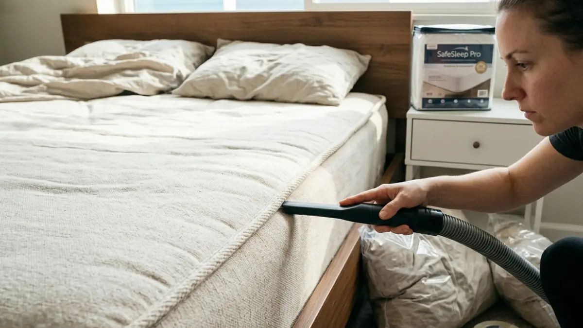 Bed Bug Bites cleanup scene with a person vacuuming mattress seams and preparing bedding for safe removal steps