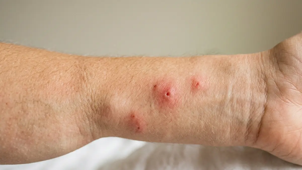 Bed Bug Bites in a short line on a forearm showing small raised red bumps with a darker center