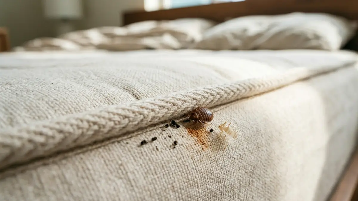 Bed Bug Bites guide showing a mattress seam with a live bed bug, dark fecal spots, shed skin, and faint rusty stains