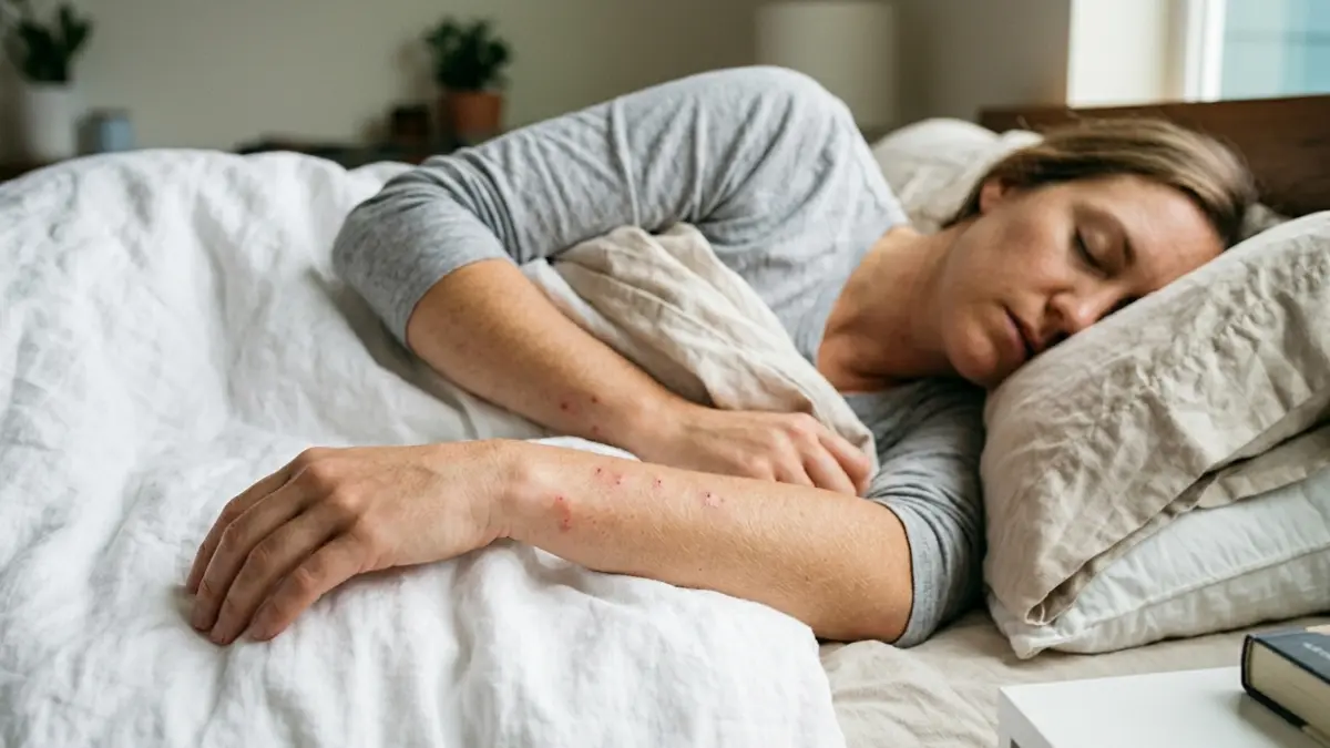 Bed Bug Bites on exposed skin above white bedding, visible on the arm and side of the neck after sleep
