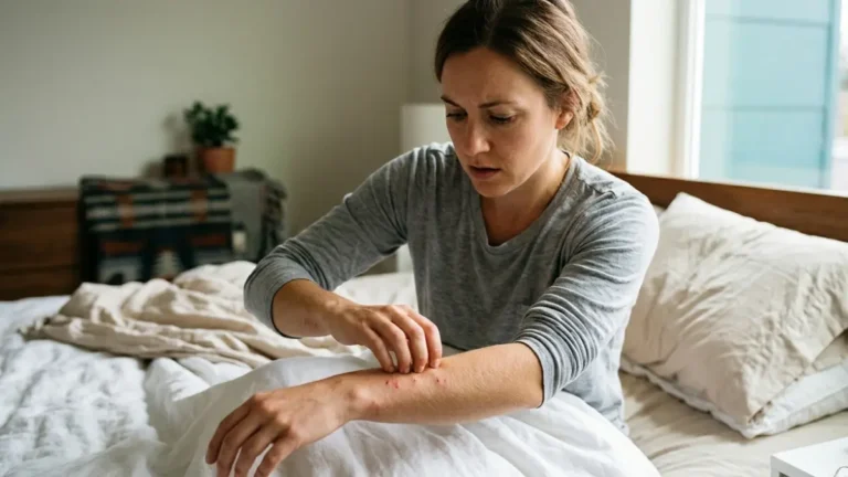 Bed Bug Bites on an adult’s forearm as they sit up in bed and check itchy red marks in morning light