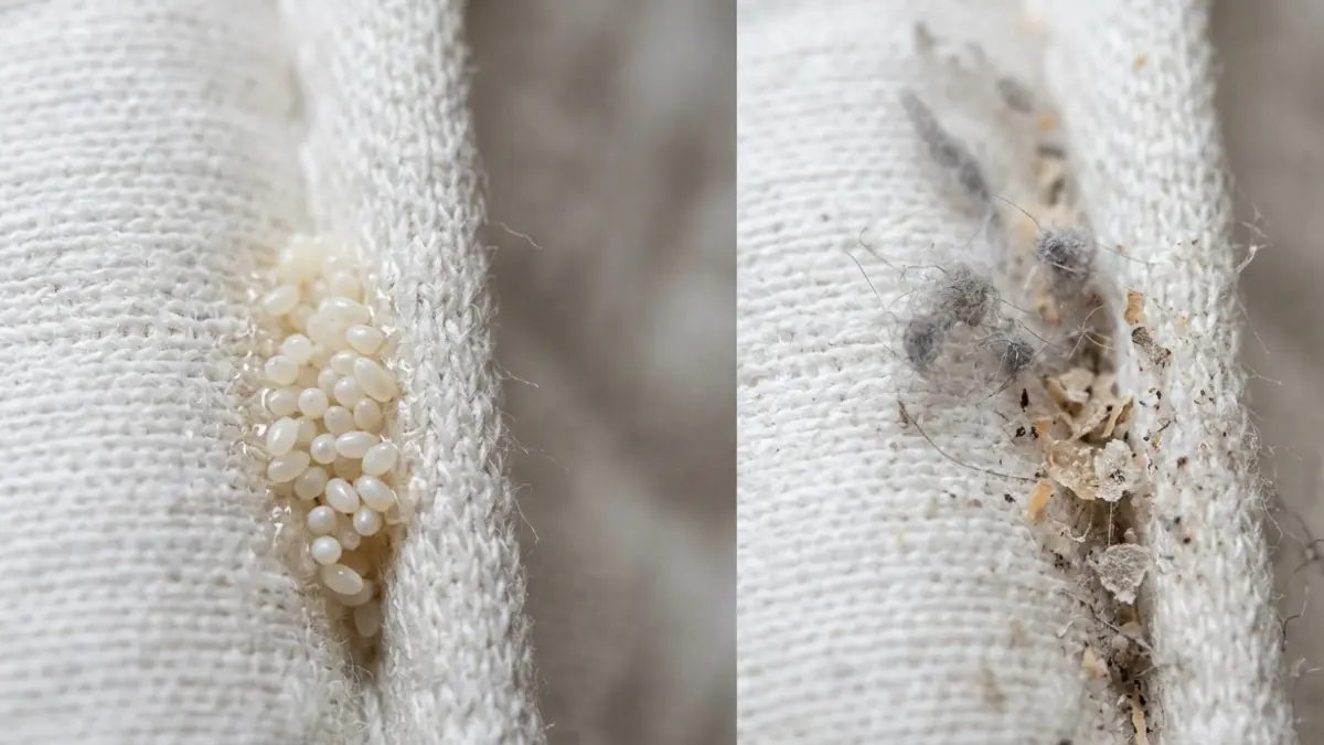 Comparison showing Bed Bug Eggs attached to mattress fabric versus common household lint and debris