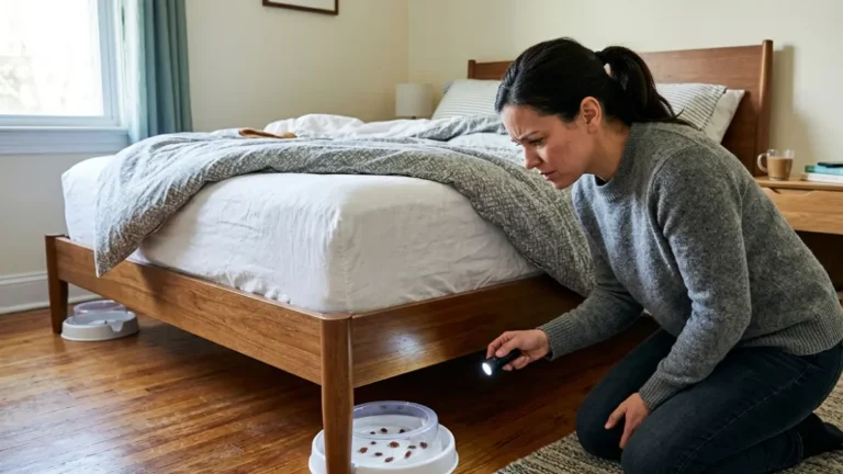 Homeowner inspecting bed bug interceptors under bed legs in a modern bedroom
