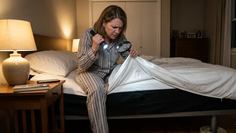 Bed Bugs Are Gone confirmation process with homeowner inspecting bed using flashlight after treatment