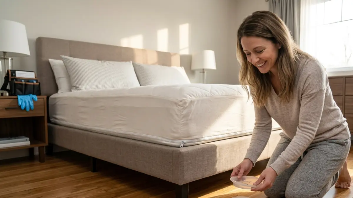 Bed Bugs Are Gone confirmation with homeowner checking empty interceptor traps in clean bedroom