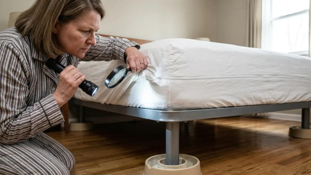 Bed Bugs Are Gone monitoring setup showing interceptor traps under bed legs and mattress encasement