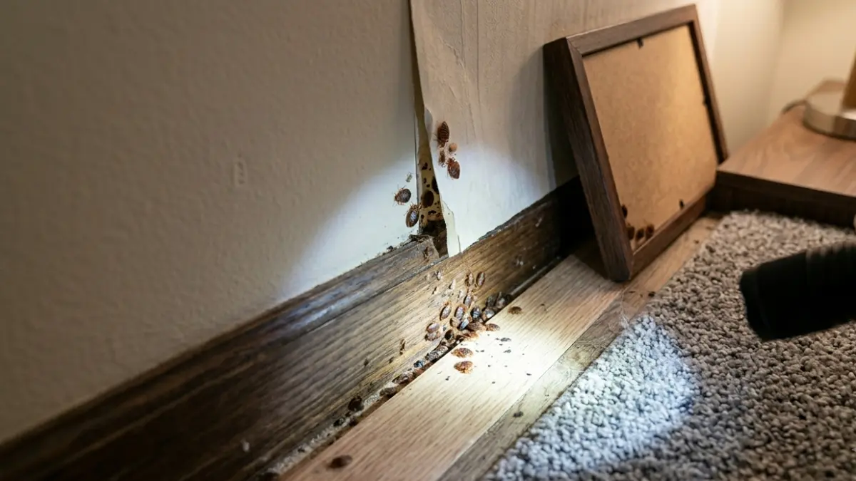 Flashlight inspection along baseboards and wall gaps showing where bed bugs hide in room edges