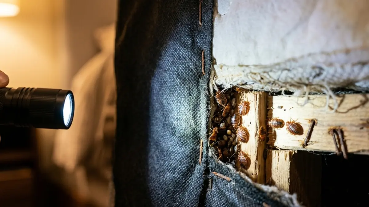 Close-up inspection of mattress seams and box spring showing where bed bugs hide around the bed