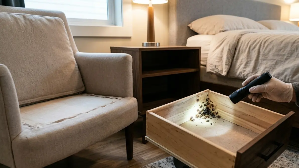 Open nightstand drawer and upholstered chair inspection showing where bed bugs hide in furniture