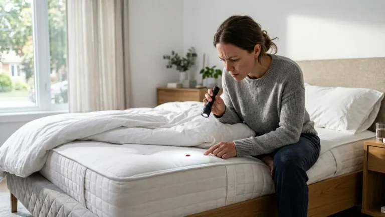 Homeowner inspecting mattress with flashlight after discovering Bed Bugs in bedroom