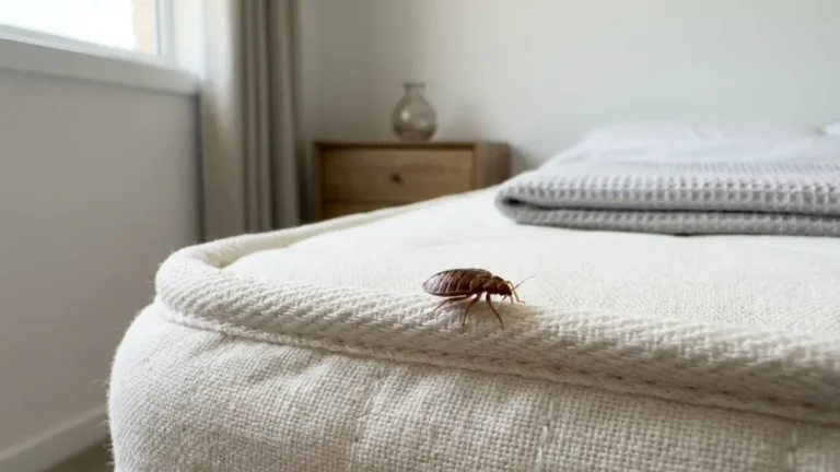 Bed Bugs Live Without Feeding on a mattress seam inside an empty bedroom