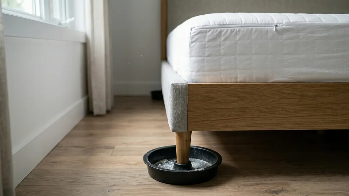Interceptor traps installed under bed legs to monitor and prevent Bed Bugs after treatment