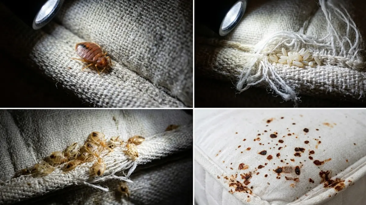 Close-up showing Bed Bugs, eggs, shed skins, and fecal stains on mattress seams