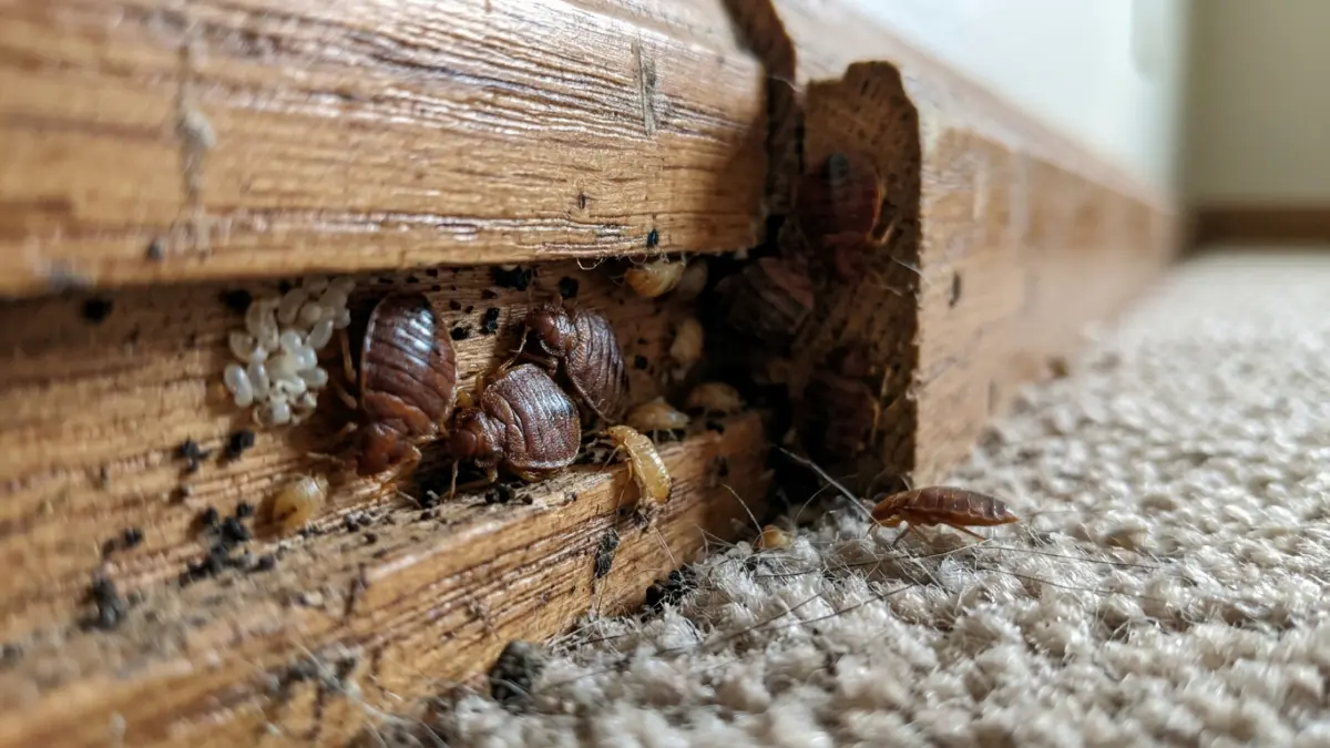 Bed Bugs Spread by hiding and crawling through cracks near baseboards and flooring