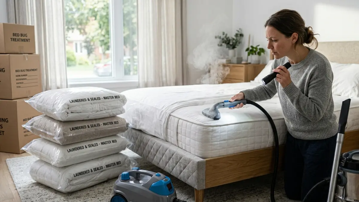DIY steam treatment being used to kill Bed Bugs on mattress seams and furniture