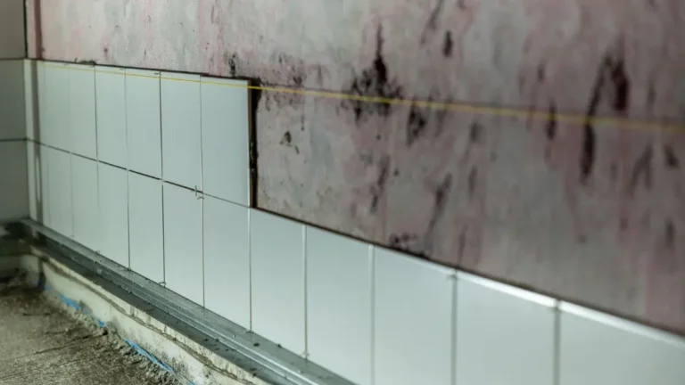 Black mold on pink bathroom wall and white tile that requires Mold Removal Products