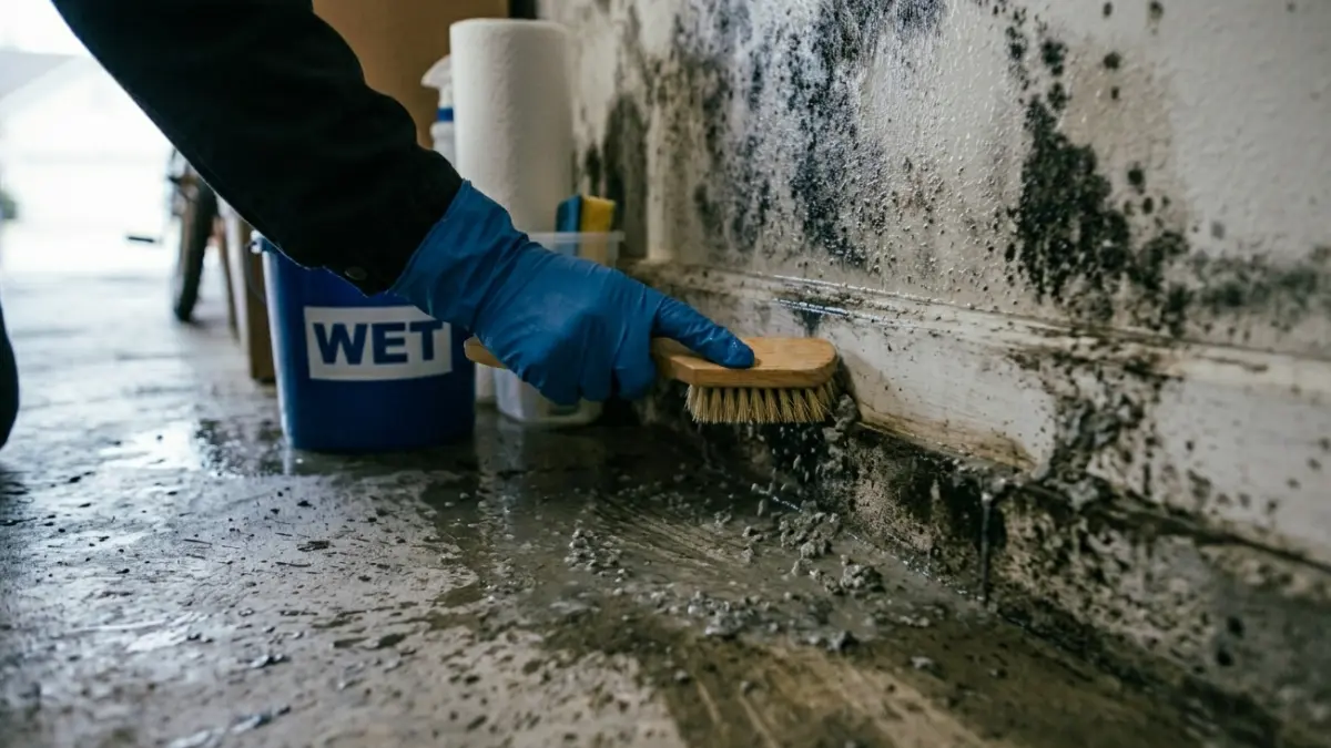 Garage Mold being removed from a concrete wall and floor surface