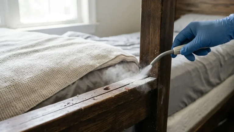 Diatomaceous earth being carefully applied to a wooden bed frame to help kill bed bugs in a bedroom