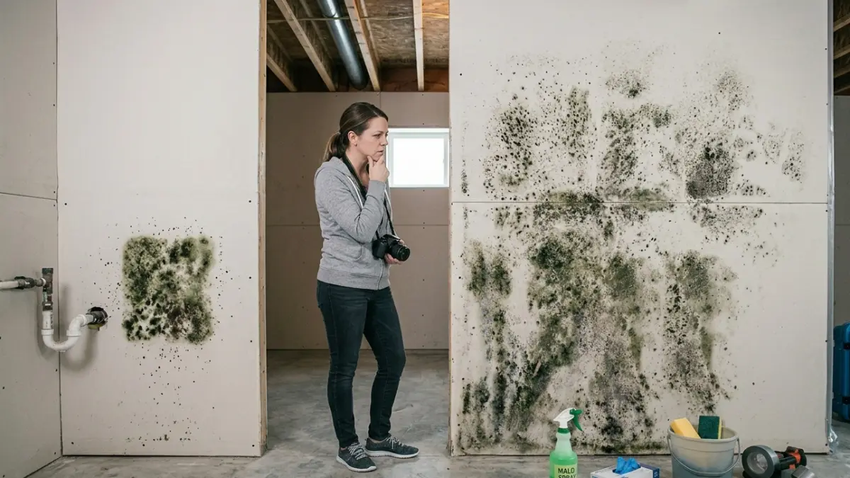 DIY Mold Removal Cost decision guide showing a small mold patch versus a large mold infestation exceeding the EPA 10 square foot guideline