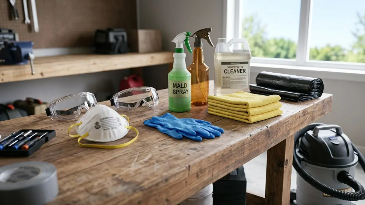 DIY Mold Removal Cost supplies including N95 respirator gloves goggles cleaning products and wet dry vacuum for safe mold cleanup