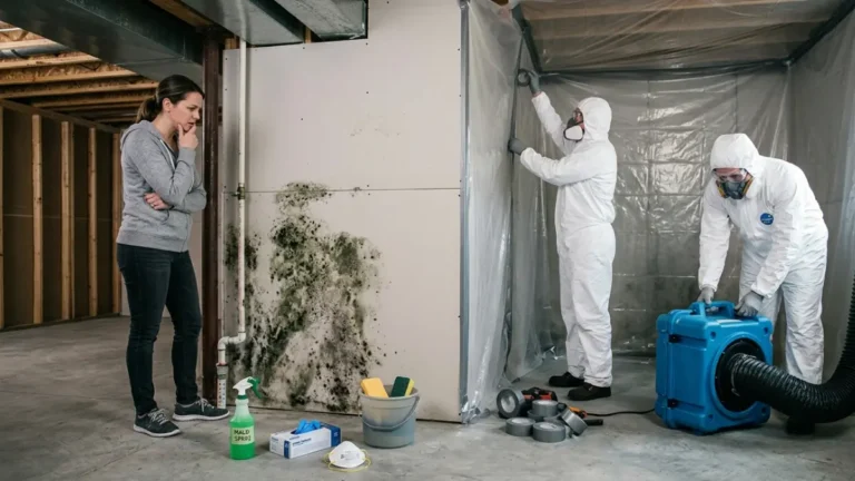 DIY Mold Removal Cost comparison between homeowner cleaning mold and professional remediation crew inside a residential property