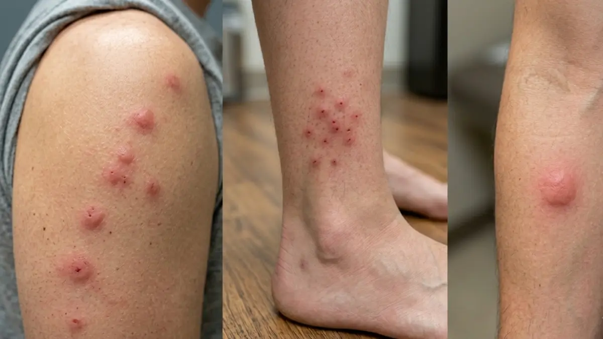 Flea Bites clustered around the ankles compared with bed bug bites on the upper body and mosquito bites