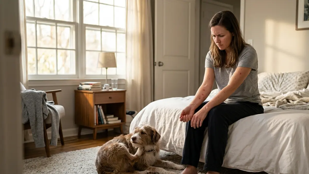 Person checking itchy skin while investigating possible Flea Bites in a bedroom with a pet dog