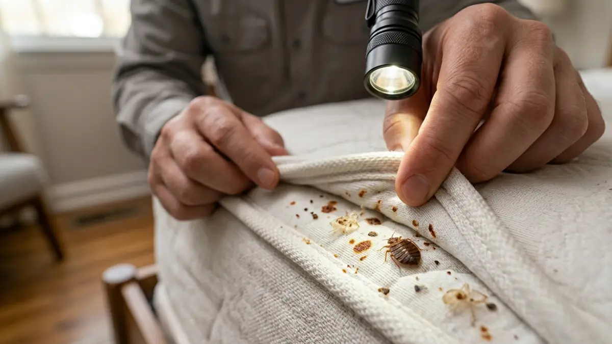 Mattress inspection while ruling out bed bugs and investigating possible Flea Bites